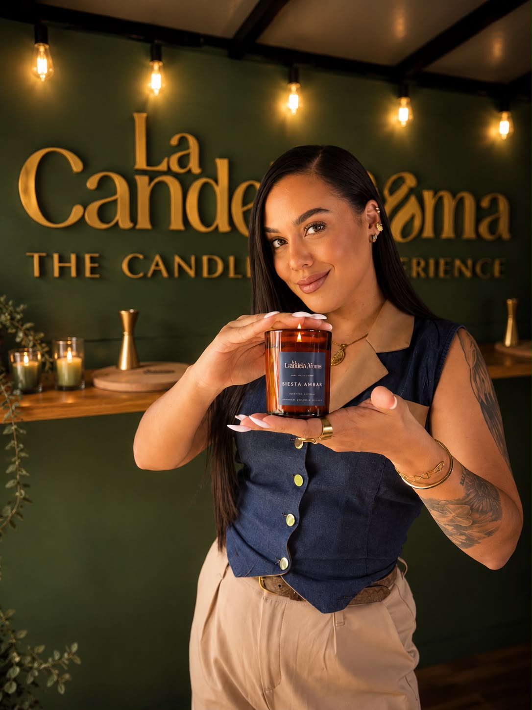 Participante sosteniendo la vela terminada dentro del Mobile Candle Bar de La Candela Aroma PR